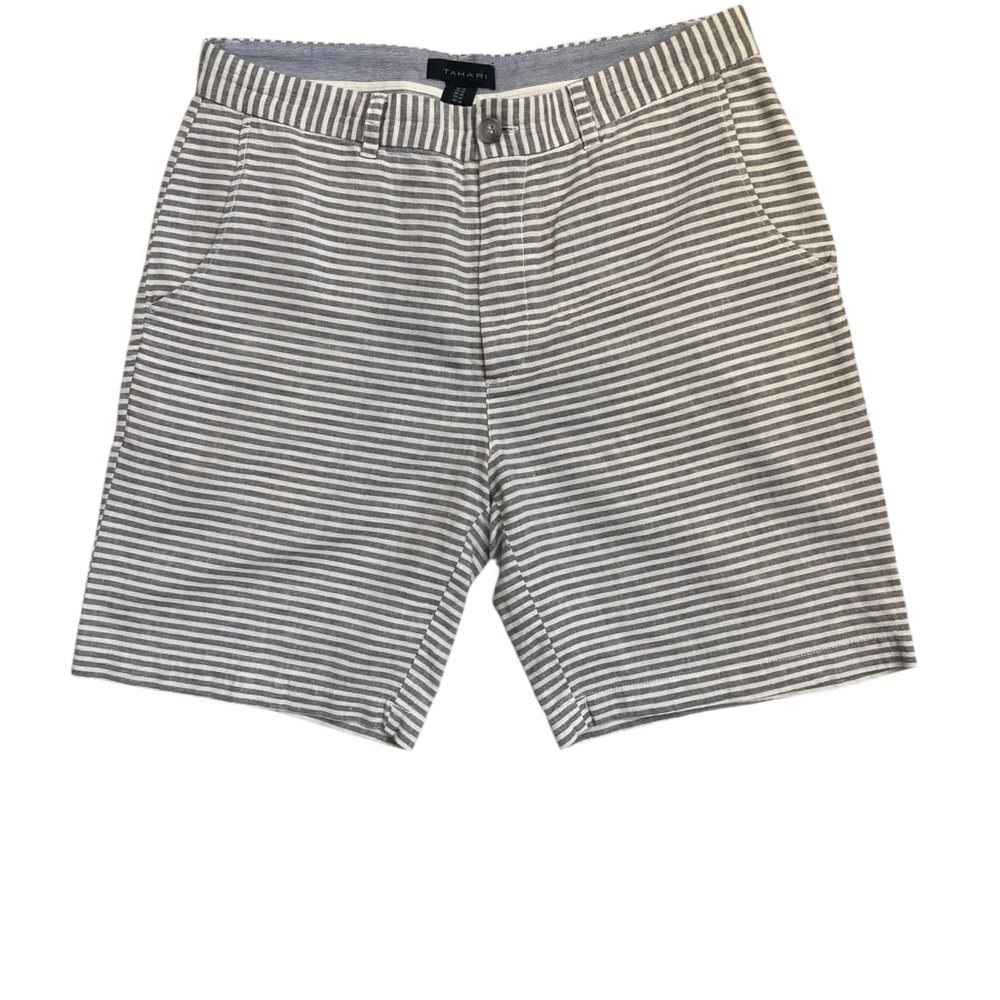 Tahari Stripe Shorts Size 34 Gray White Linen Cotton Seersucker
